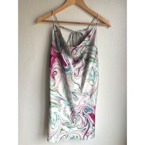 Princess Polly Pink Green Marble Swirl Cowl Neck Tie Back Satin Mini Dress US 8